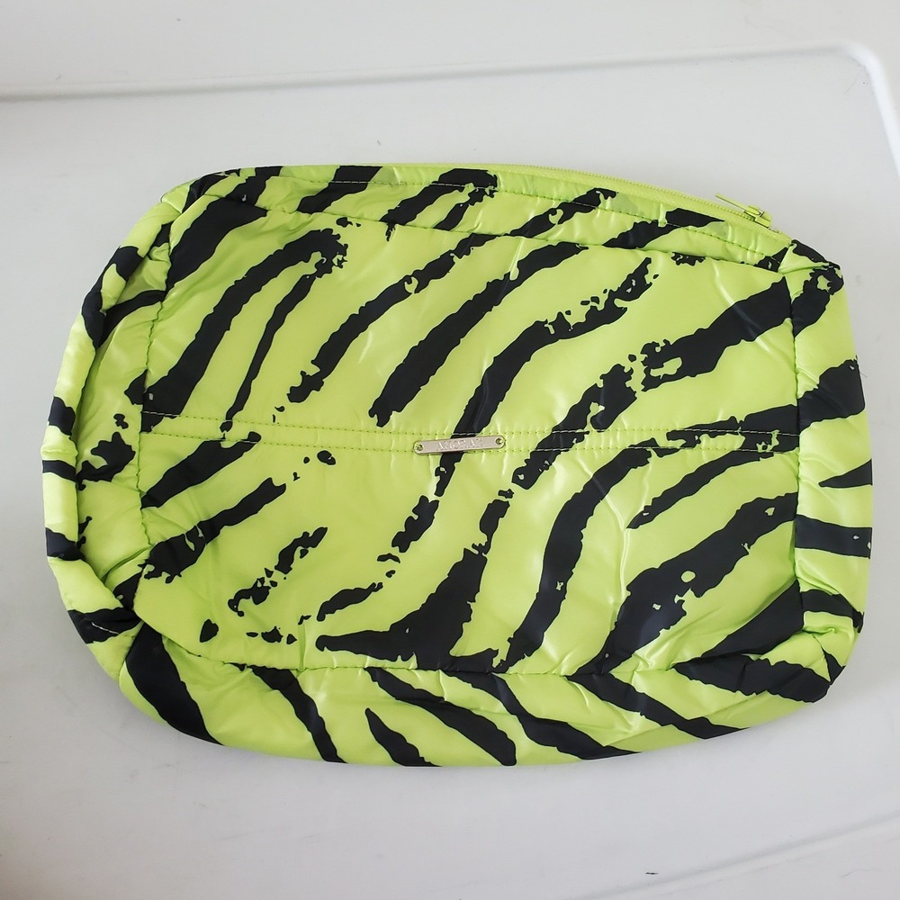 Anorak Puffer Utility Bag Neon Lime Green Black Zebra Print Quilted Makeup Pouch